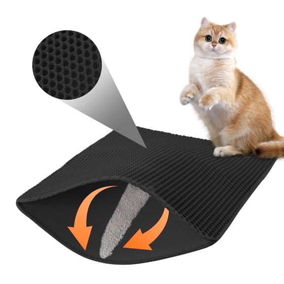 Onekawa Cat Litter Mat 29"x 21" - Urine Proof Double-Layer Honeycomb Trapping Mat, Non-Slip Waterproof EVA Base, Machine Washable Scatter Control, Black