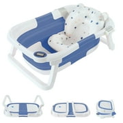 Onekawa Collapsible Baby Bathtub for Newborns & Infants - Travel-Friendly Toddler Bath Tub with Soft Cushion & Thermometer for Ages 0-24 Months(Blue)