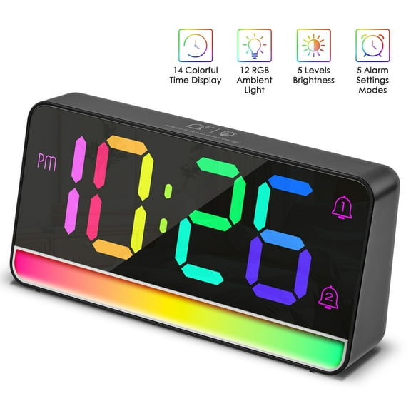 Onekawa Digital Alarm Clock for Bedrooms Living Room with USB Charging Port Super Loud Alarm Clocks for Heavy Sleepers with Large Big Numbers, Electric Desk Clock with LED RGB Ambient