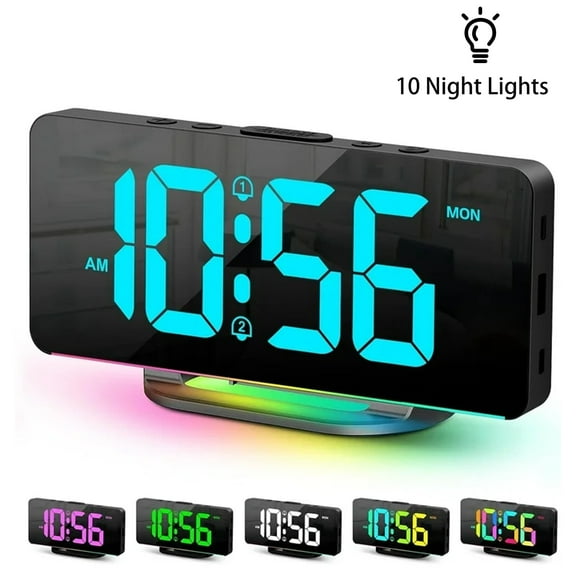 Onekawa Digital Alarm Clock Large LED Display RGB Alarm Clock with 10 Color Night Light Adjustable Brightness USB Charging Clock for Bedroom Nightstand Home Office Decor