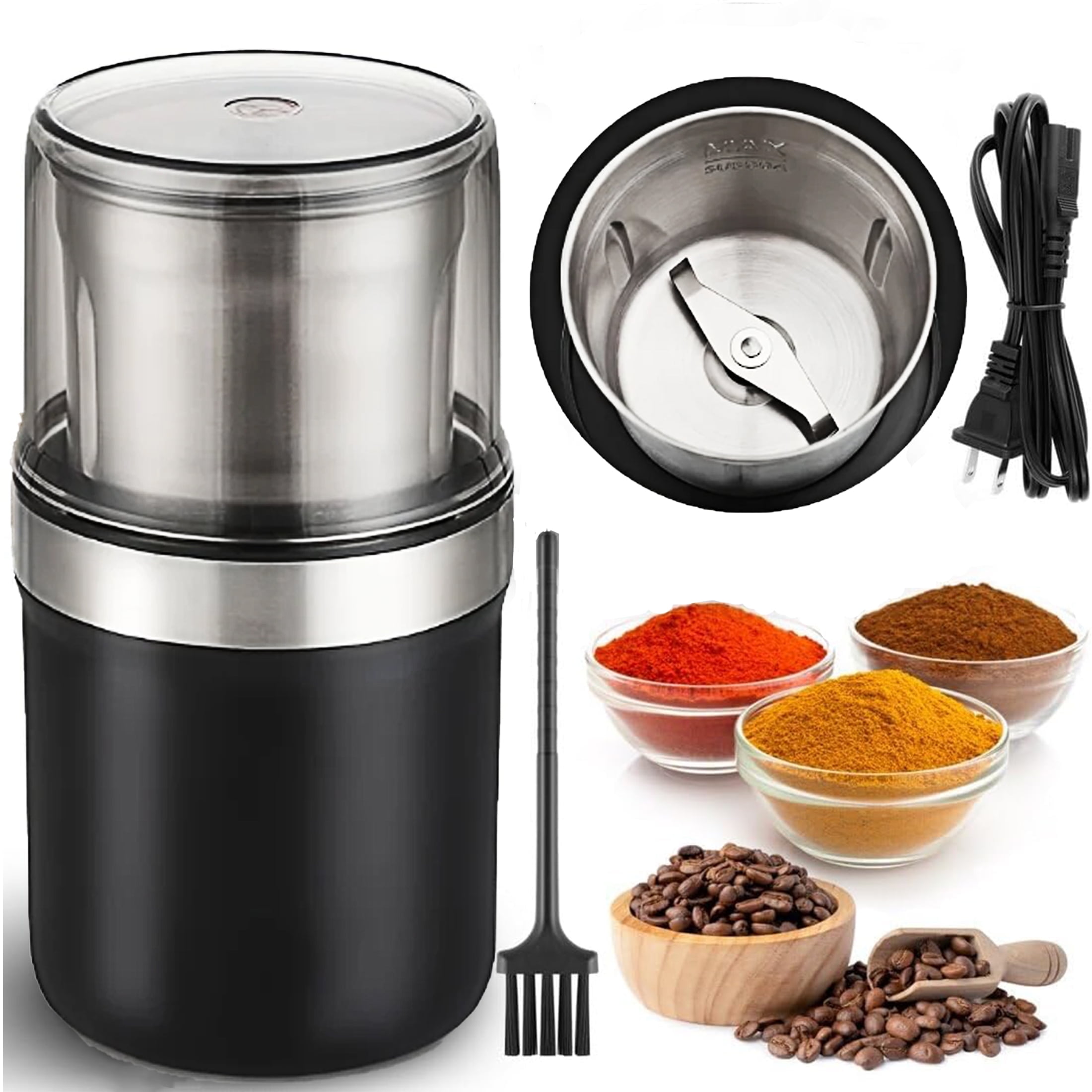 Onekawa Electric Coffee Bean Grinder with Removable Steel Cup, Spice Grinder, Vanilla Grinder with Cleaning Brush, Home Grinder for Coffee Beans, Cereals, Spices, Herbs and Nuts (Black)