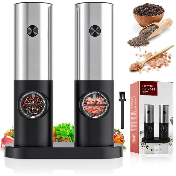 Onekawa Electric Salt and Pepper Mill Set, Battery Operated Automatic Pepper Mill, Adjustable Coarseness Shakers,One-Hand Operation for Kitchen(2 Pace,Black)