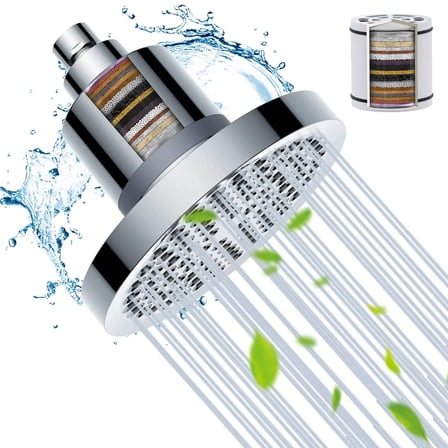 Onekawa Filtered Shower Head Set,20 Stage Shower Filter,igh Output Hard Water Softener Showerhead,6” Round Showerheads,Silver