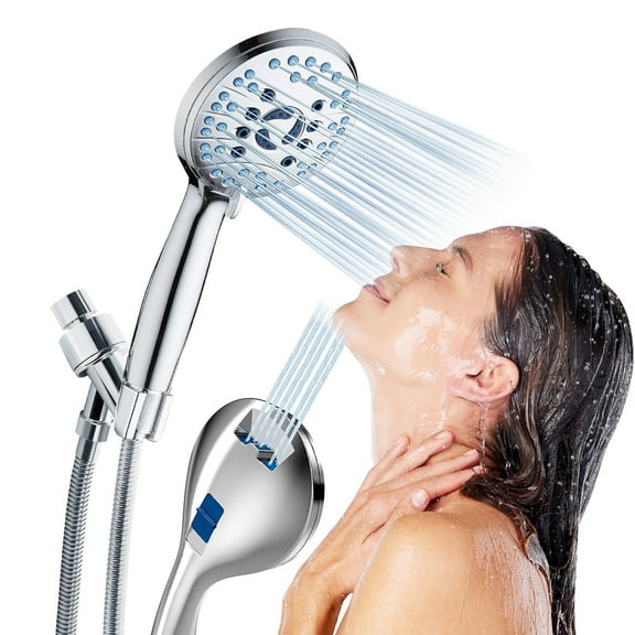 Onekawa High Pressure 7 Functions Handheld Shower Head - Anti-clog Nozzles, Built-in Power Wash to Clean Tub, Tile & Pets, Long 59" Stainless Steel Hose, Overhead Brackets