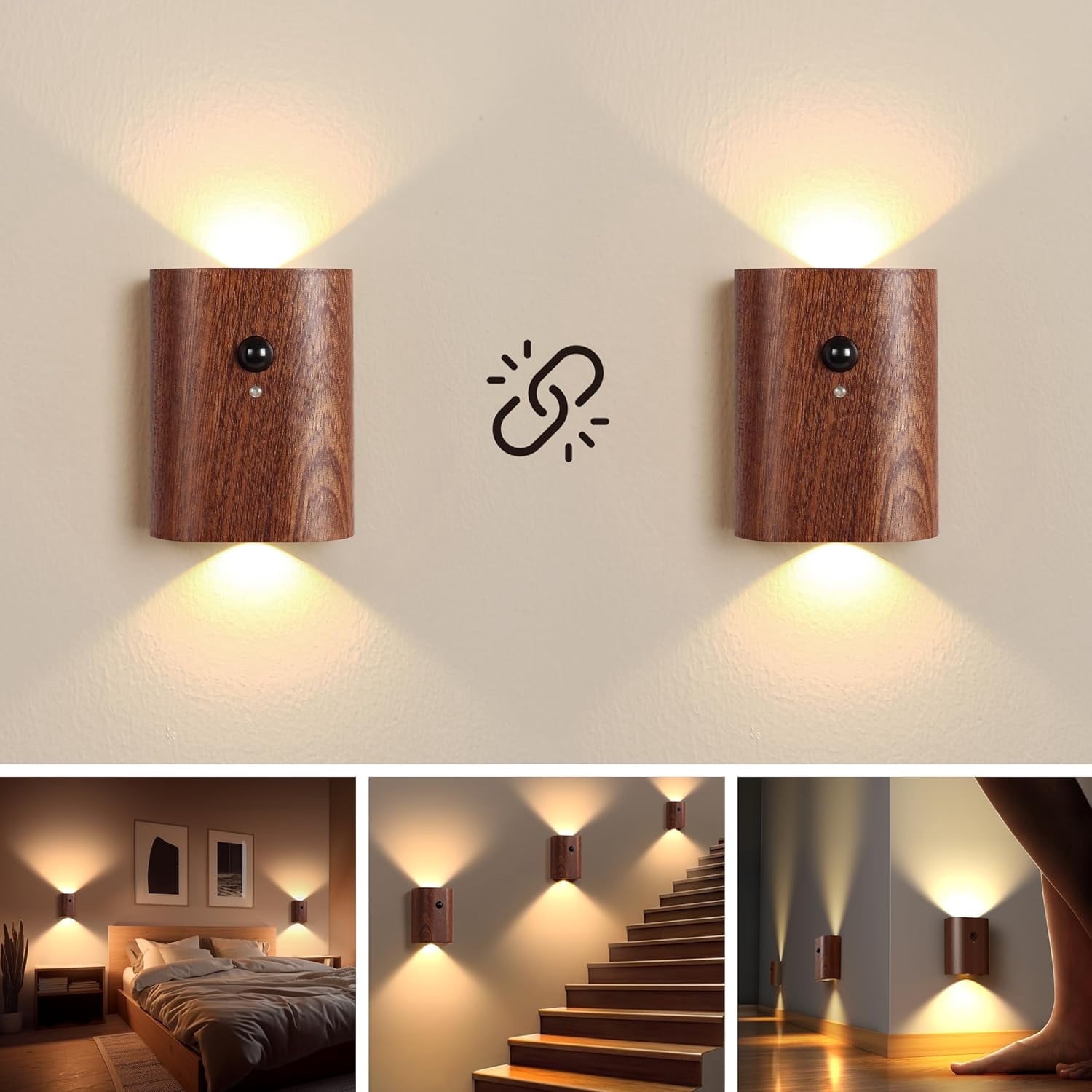 Onekawa LED Wall Mounted Light, Rechargeable 500mAh Lithium Battery Wall Lamp, Battery Operated Wall Sconce, Magnetic Wall Light for Stairs, Corridors, Bedrooms, Living Rooms (Sapele Wood 2pcs)