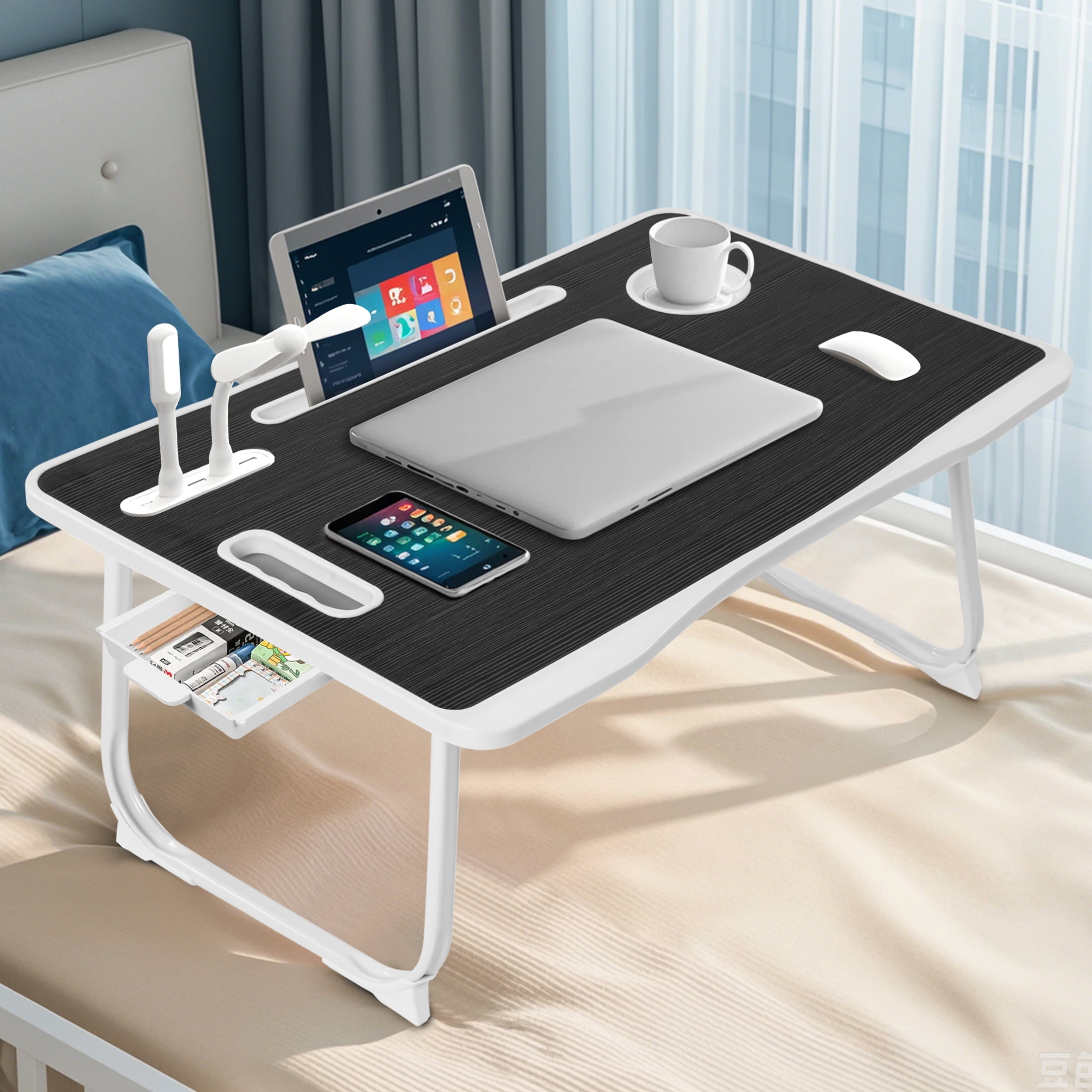Onekawa Laptop Bed Desk Tray Bed Table, 23.6 Inch Foldable Portable Lap Desk Notebook Stand Reading Holder with Storage Drawer and USB Port for Bed/Couch/Sofa/Floor -Black