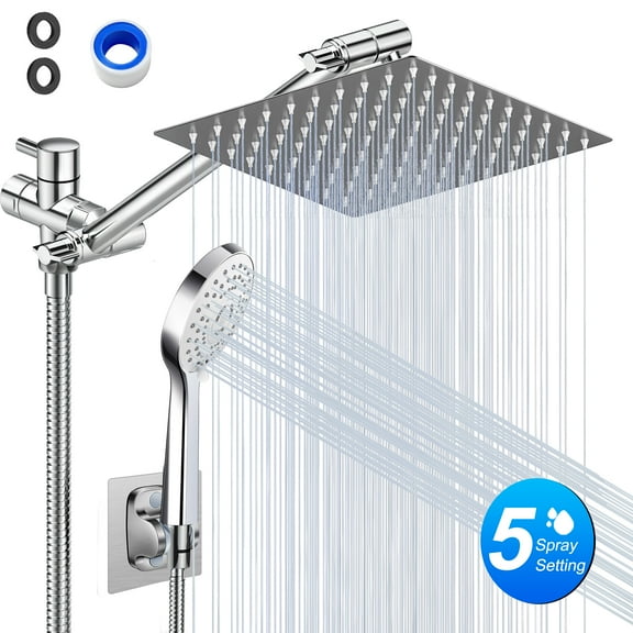 Onekawa Shower Head Combo,10 Inch Rain Shower Head with 5 Settings Handheld ,Hose & Holder,Adjustable Extension Arm,Silver
