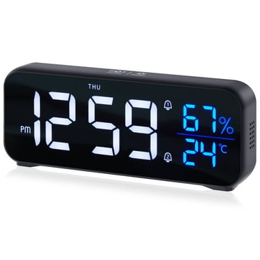 Onekawa Small Digital Alarm Clock for Bedroom with LED Display, Adjustable Brightness, Plug-in Electric Clock with Dual Loud Alarms, Snooze, 12/24H, Temperature & Humidity Display