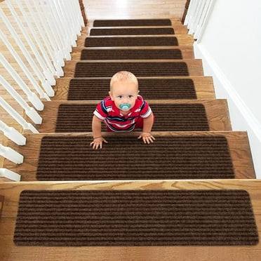 Onekawa Waterproof Non-Slip Rubberback Stair Treads for Wooden Steps,30'' X 8'' Indoor/Outdoor Stair Runners,7 Pack,brown
