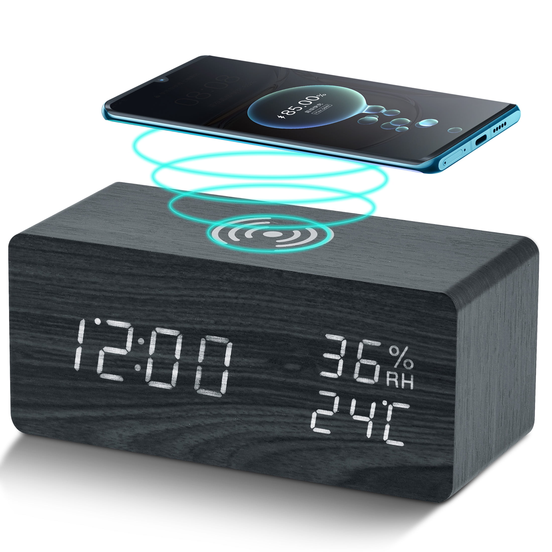 Onekawa Wooden Digital Alarm Clock with Wireless Charging Stylish LED Display for Bedrooms Adjustable Brightness and Voice Control Alarm Clock Perfect for Desks-Black - Walmart.com