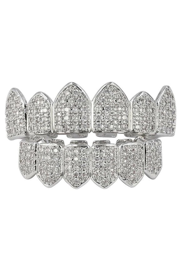 KingFurt 1Pair Silver Plated Bling Bling Cubic Zirconia Top & Bottom Mouth Teeth