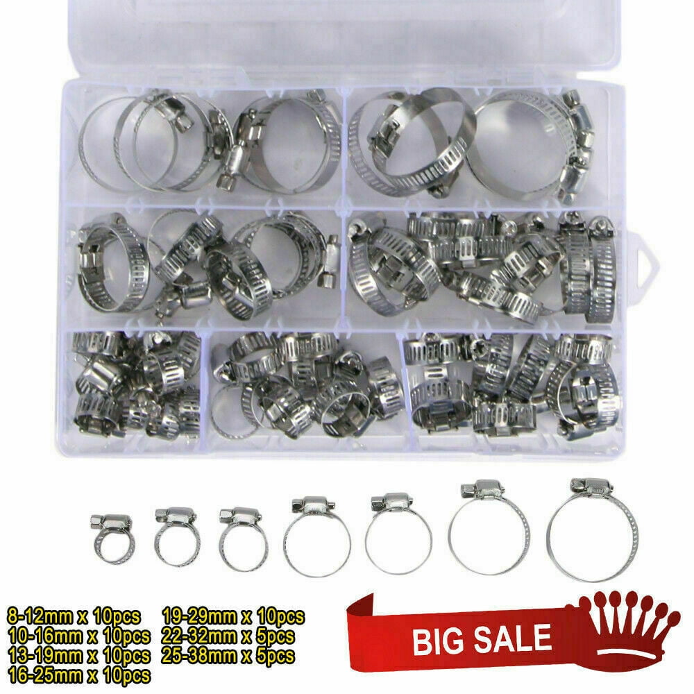 KingFurt 60 Pieces Adjustable Hose Clamps Worm Gear Stainless Steel Clamp Assortment