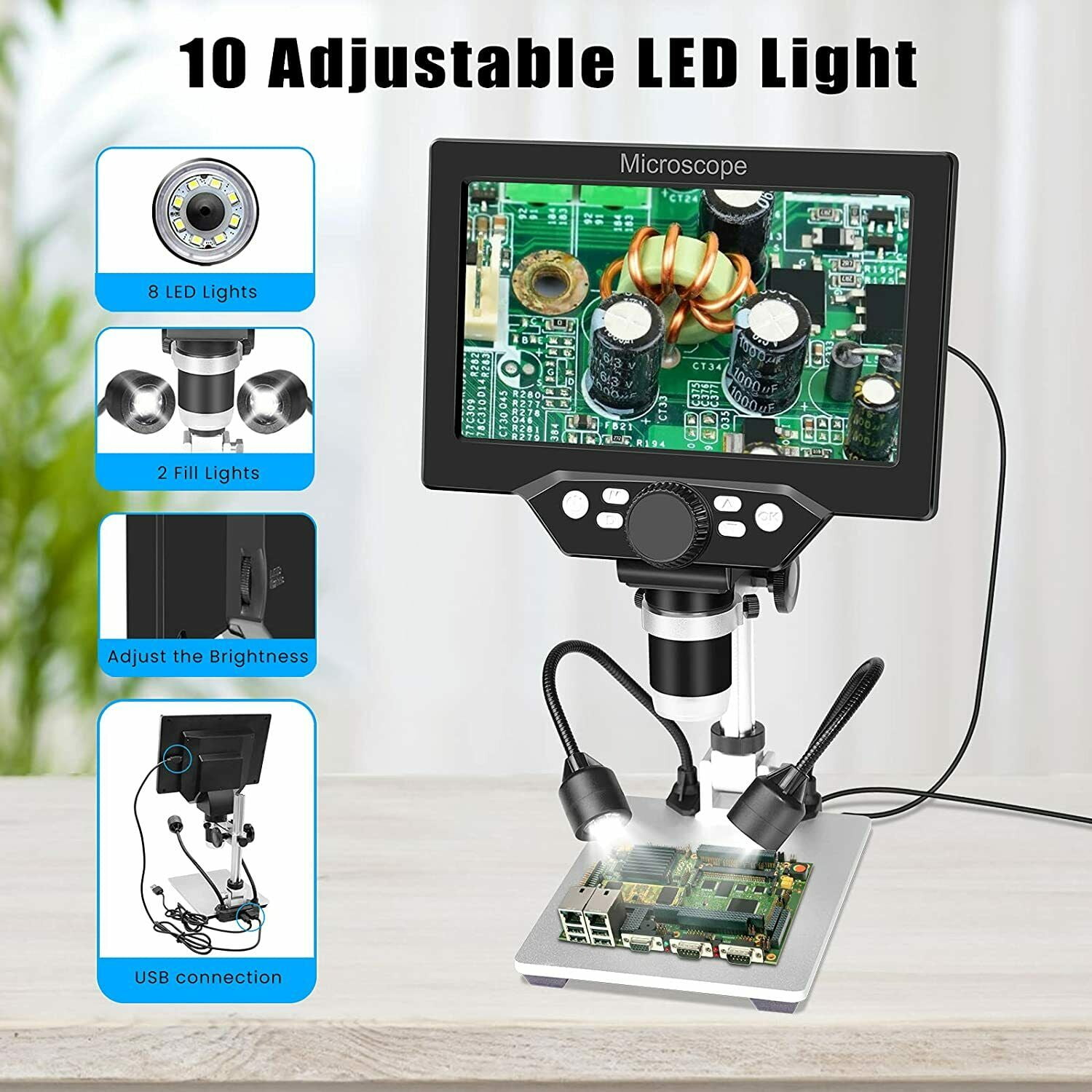 Jahy2Tech 7" LCD Digital Microscope 1200X 1080P with 12MP Camera Sensor, Wired Remote, 10 LED Lights, Soldering Electronic Microscope for Adult Kids, Compatible with Windows/Mac OS