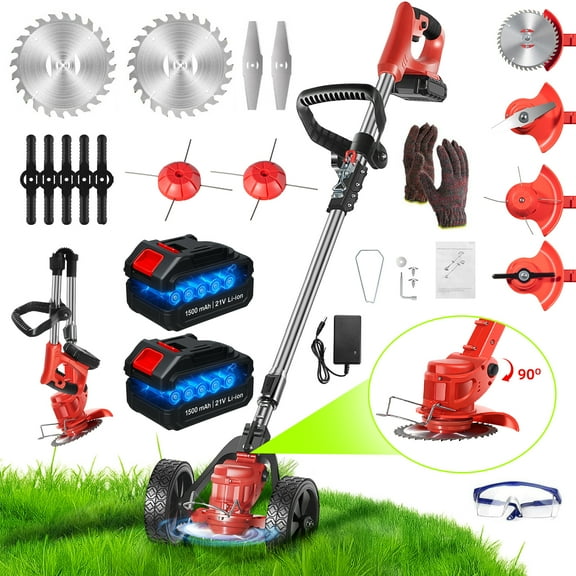 KingFurt Foldable Brush Cutter Cordless Weed Wacker Electric Weed Eater with 2 Batteries for Lawn Garden Yard