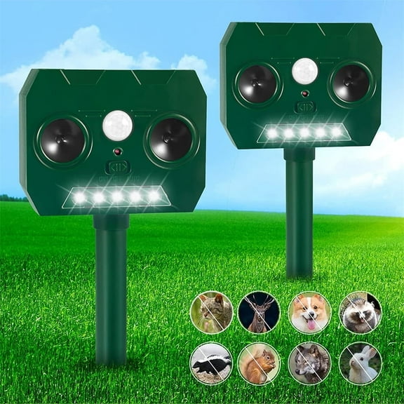 Jahy2Tech Outdoor Solar Animal Deterrent Motion Activated Waterproof Strobe Light Dual Speaker Green ABS Squirrel Repeller-2Pack