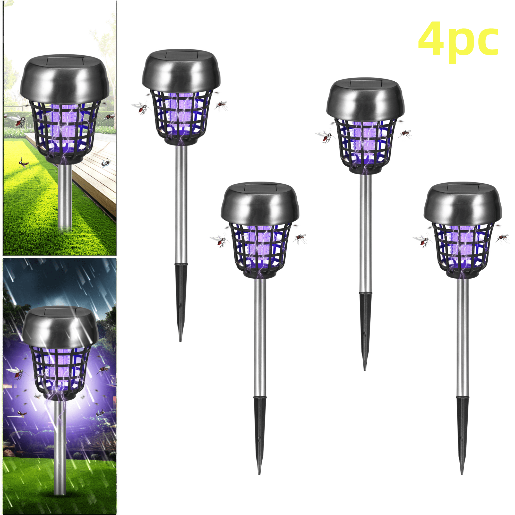 Onemayship Solar Bug Zapper Outdoor - 4 Pack Stainless Steel Mosquito Killer for Patio Yard Garden - Waterproof Lighting Lamp