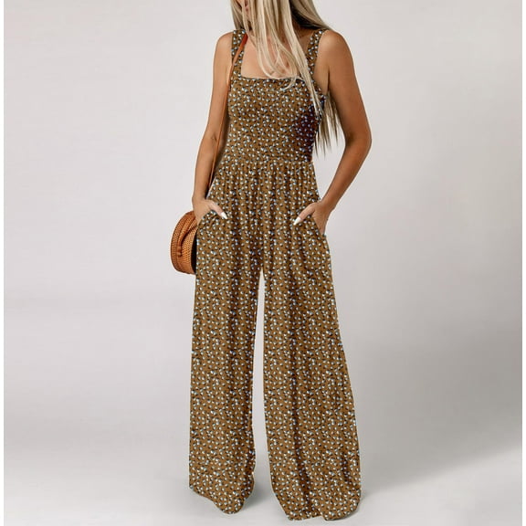 Onepieces Jumpsuit Clearance, Women's and Women's Plus Floral Jumpsuit with Pocket, Sleeveless Jumpsuit Fit Size XXL,Brown