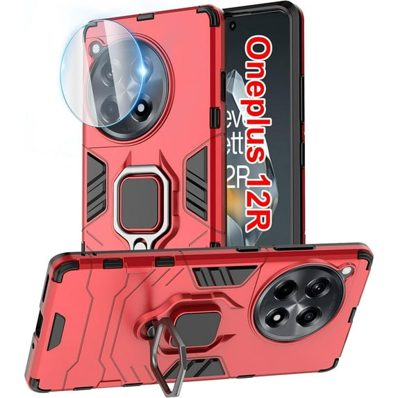 Oneplus 12R Case with Camera Protector, Protective Case with Rotate Holder Kickstand and Magnetic Plate for 1+ 12R (Red)