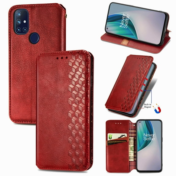 Oneplus Nord N10 5G Case, PU Leather TPU Wallet Cover with Card Holder Kickstand Hidden Magnetic Adsorption Shockproof Flip Folio Phone Protective Case for Oneplus Nord N10 5G,Red