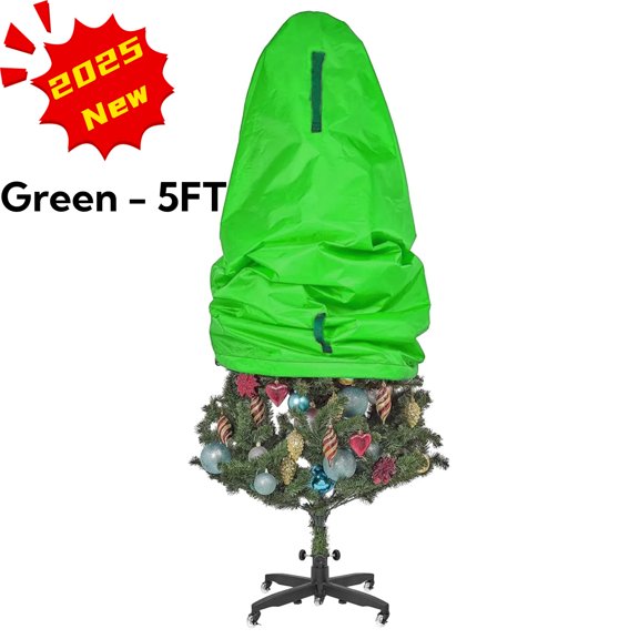 Oneshrt Christmas Tree Cover with Zipper & Straps, Tear Resistant Upright Xmas Tree Storage Bag up to 5 Foot Artificial Tree Standing with Ornaments, Waterproof, Dustproof (Green, 5 ft)