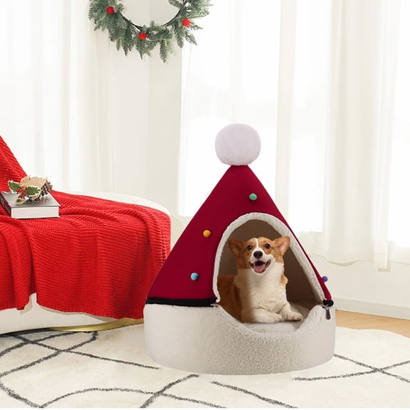 Oneshrt Interesting Christmas Cat Dog Tent House, Self-Warming 2 in 1 Removable and Washable Comfortable Pet Bed, Xmas Cat Dog Cave in Winter (Red 14.57*14.57*18.1 in)