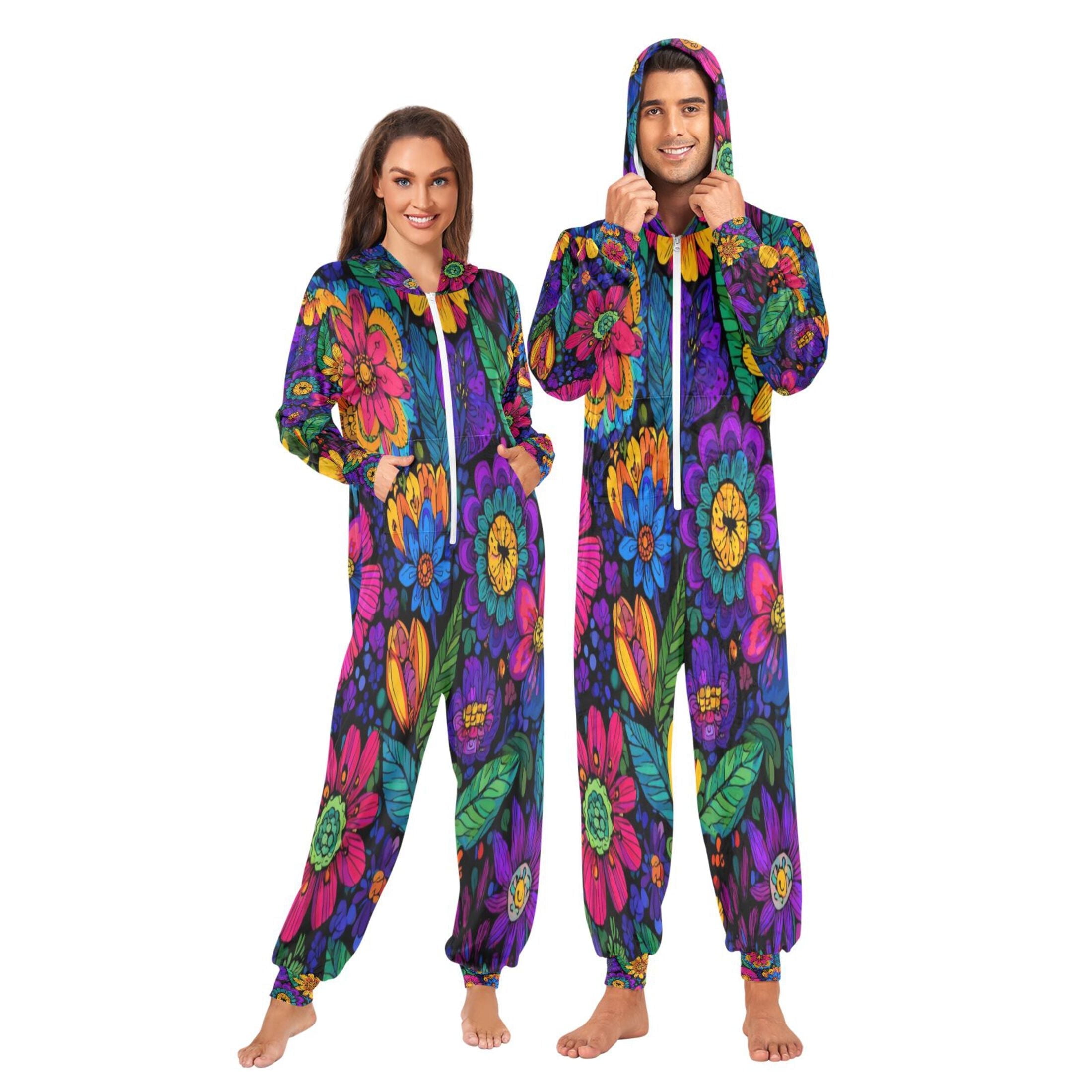 1-Pack Onesie Jumpsuits For Men&Women Winter One Piece Zipper Pajamas Playsuit Brightly Colored Wildflowers