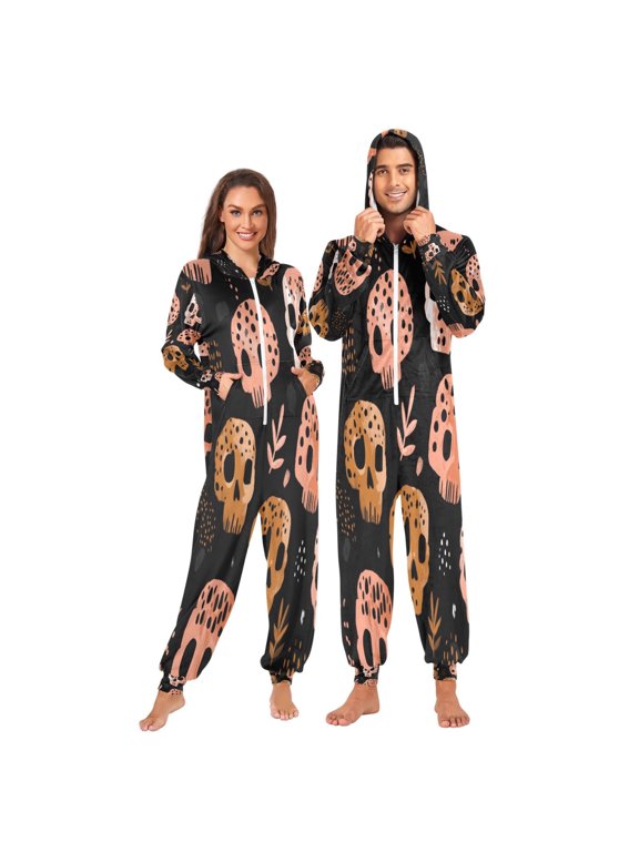 Onesie Jumpsuits For Men&Women Winter One Piece Zipper Pajamas Playsuit Hand-painted Leopard Skulls