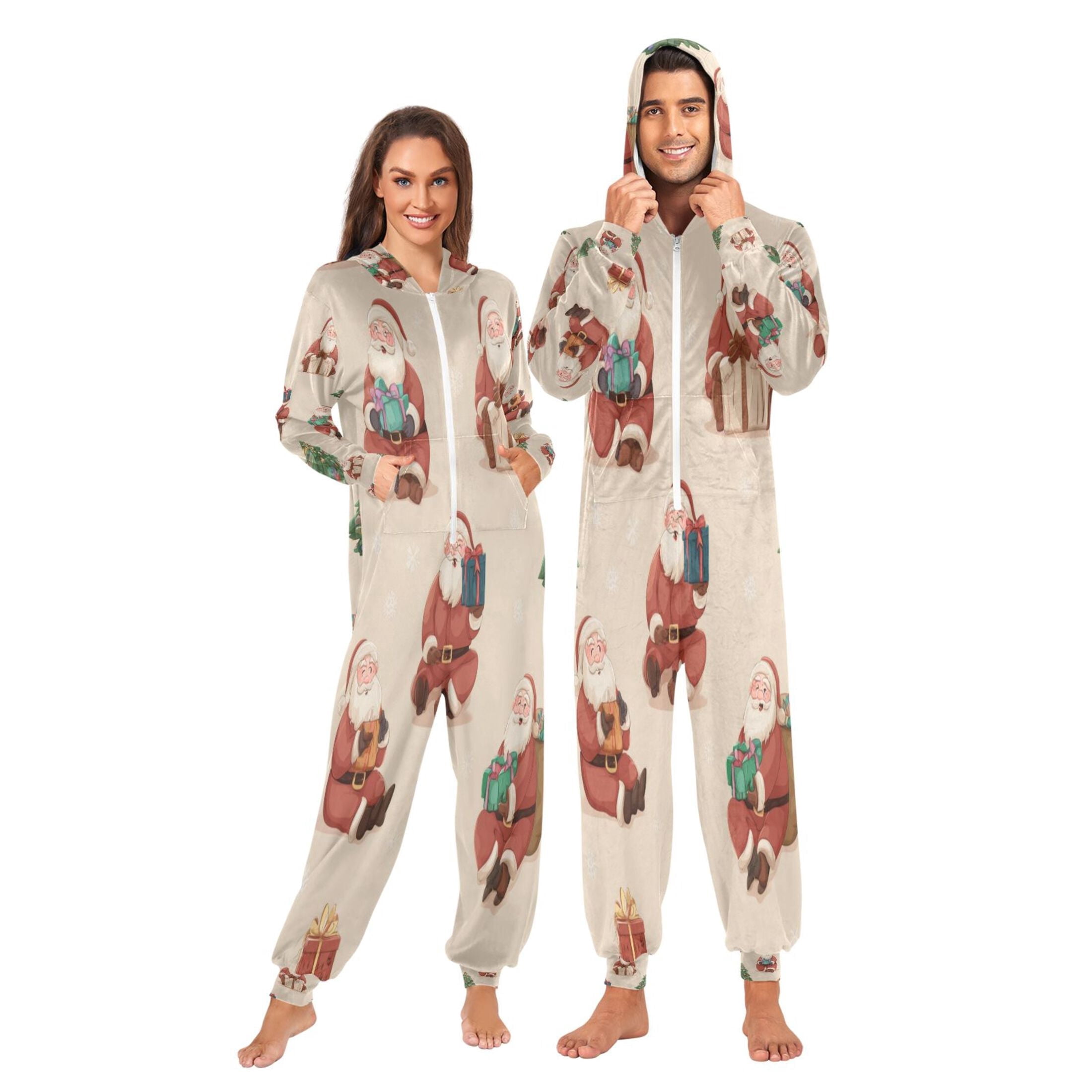 1-Pack Onesie Jumpsuits For Men&Women Winter One Piece Zipper Pajamas Playsuit Santa Various Poses