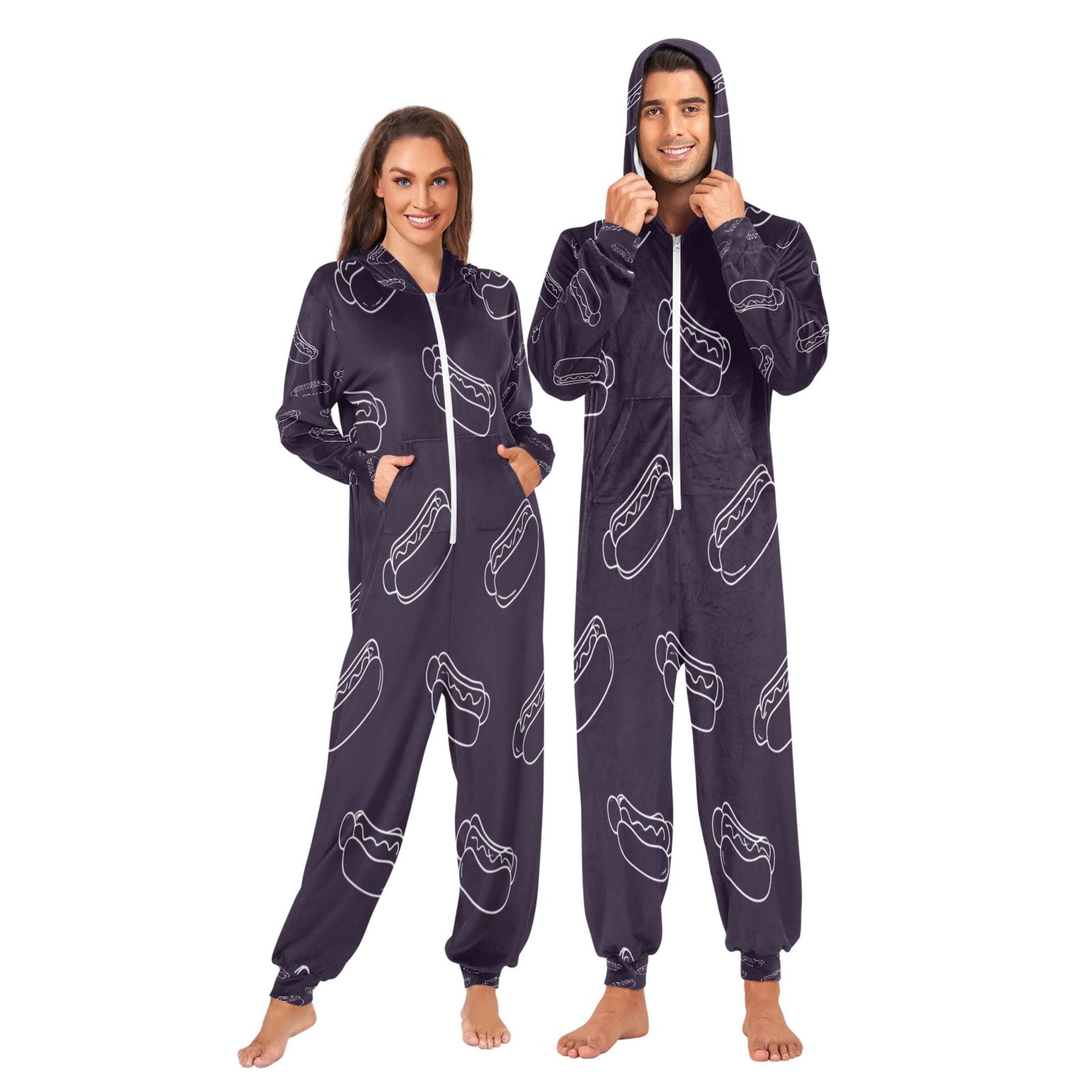 1-Pack Onesie Jumpsuits For Men&Women Winter One Piece Zipper Pajamas Playsuit Seamless Pattern Of Hot Dogs