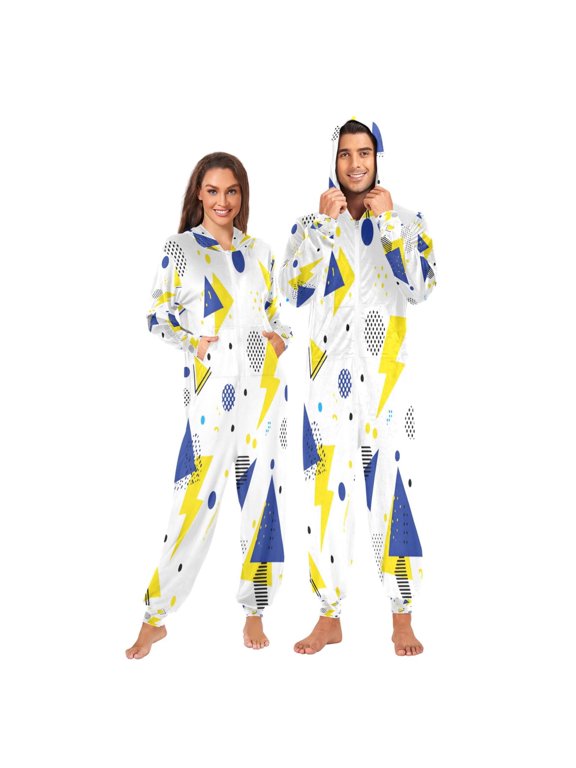 Onesie Jumpsuits For Men&Women Winter One Piece Zipper Pajamas Playsuit Yellow and Blue Triangles Dots