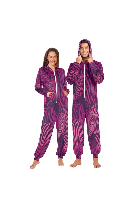 Onesie Jumpsuits For Men&Women Winter One Piece Zipper Pajamas Playsuit Zebra Pattern