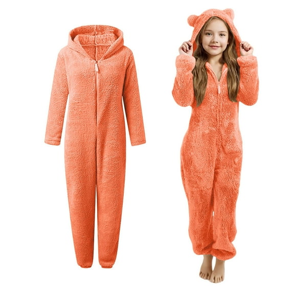 Onesie Pajamas Fleece Hooded Romper Jumpsuit with Bear Ear Zip Onesie Pajamas 1 piece Sleepwear Teen Warm Zipper Jumpsuit 11-12 Years