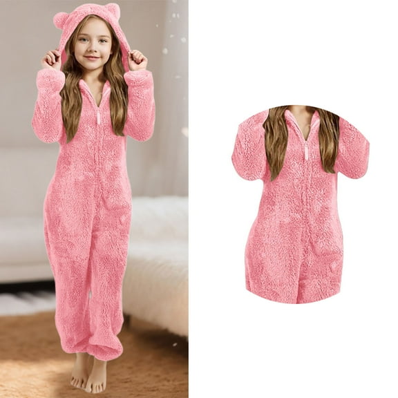 Onesie Pajamas Girls Pajamas with Bear-Eared Hood Boys Pajamas with Zip Up One-Piece Loungewear Teen Warm Zipper Jumpsuit 11-12 Years