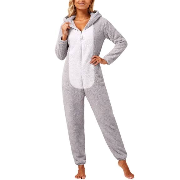 Onesie Pajamas for Women Flannel Color Block Fleece Hooded Pajamas Long Sleeve Full Zip Up Jumpsuit with Cat Ears Cozy Home for Nightwear Set Pajamas Pyjamas Pjs Grey L