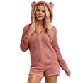 thumbnail image 1 of Onesie Pajamas for Women Fuzzy Sherpa Playsuit Solid Color Hooded Jumpsuit Casual Long Sleeve Romper Shorts with Pockets for Sleepwear Outfit Lounge Pjs Pajama’s for Women Set Brick Red L, 1 of 5