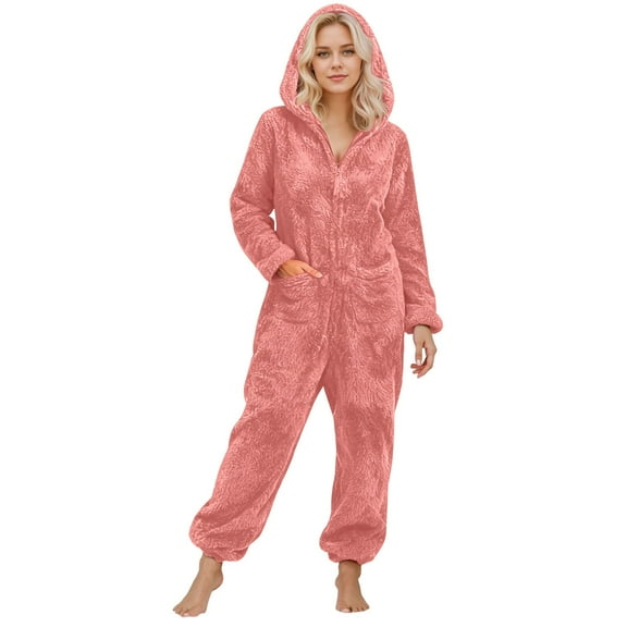 Onesie Pajamas for Women One Piece Sherpa Hooded Jumpsuit Jumpsuits for Women Fuzzy Hoodie Jumpsuit Long Sleeve Romper Warm Winter Pajamas Loungewear Soft Pj Set Pink S
