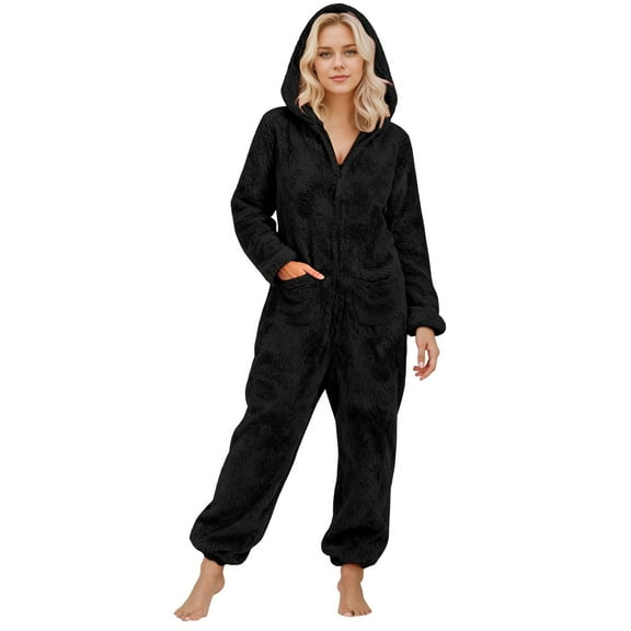 Onesie Pajamas for Women One Piece Sherpa Hooded Jumpsuit Jumpsuits for Women Fuzzy Hoodie Jumpsuit Long Sleeve Romper Warm Winter Pajamas Loungewear Soft Pj Set Black S