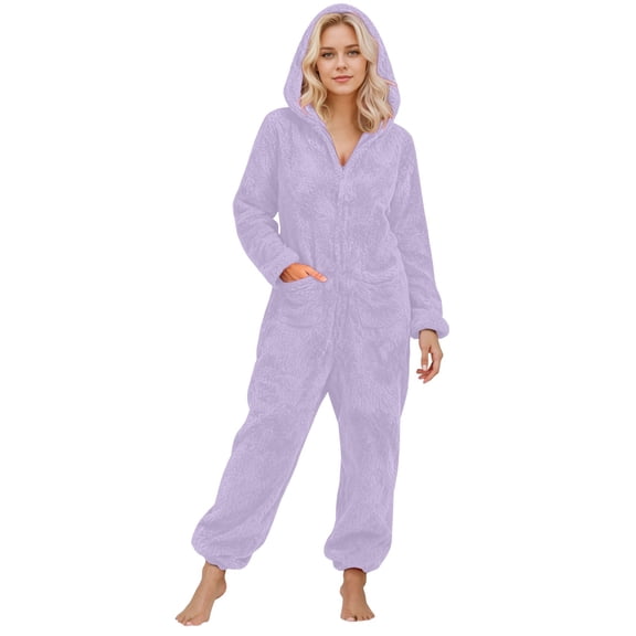 Onesie Pajamas for Women One Piece Sherpa Hooded Jumpsuit Jumpsuits for Women Fuzzy Hoodie Jumpsuit Long Sleeve Romper Warm Winter Pajamas Loungewear Soft Pj Set Purple S