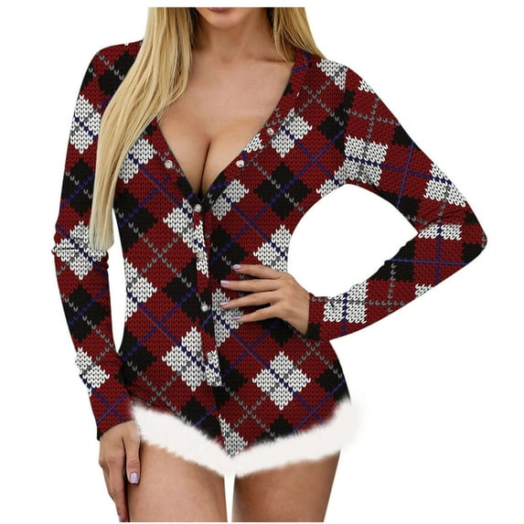Onesie Pajamas Women's Christmas Sexy V Neck Bodysuit Retro Snowflake Print Faux Feather Trim Long Sleeve Jumpsuit Loungewear