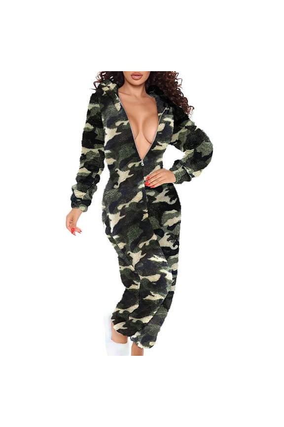 Onesie Pajamas for Women Butt Flap Sherpa Fleece Hooded Jumpsuit Sexy Deep V Neck Zipper Front Hooded Jumpsuit Comfortable Pajamas