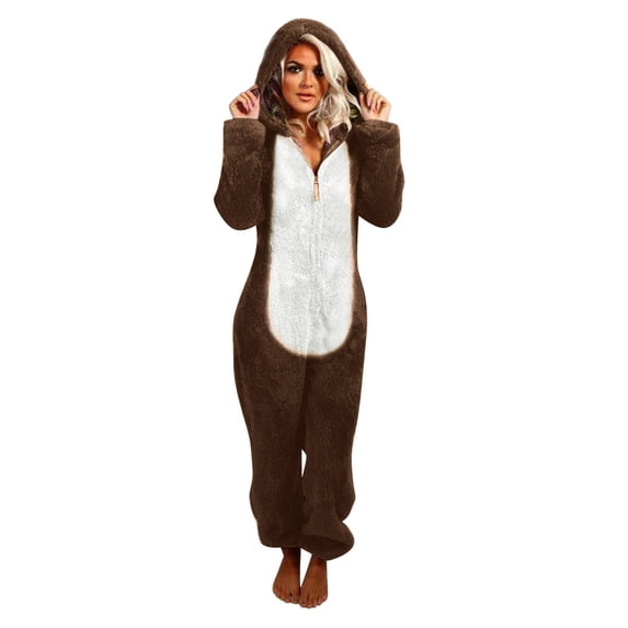 Onesie Pajamas for Women Cat Ears Hooded Cute Sherpa Fleece Fuzzy Teddy Jumpsuits Zip-up Plus Size Lounge Sleepwear, 3XL Coffee 01