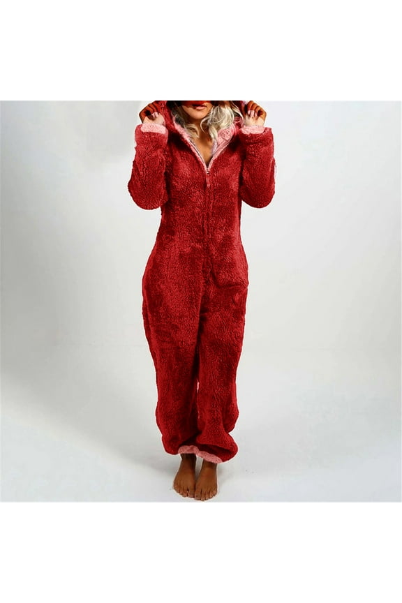 Onesie Pajamas for Women Winter Warm Furry Fleece Onesie Solid Color Long Sleeve Hooded Romper Jumpsuit Casual Bodysuit Plus Size