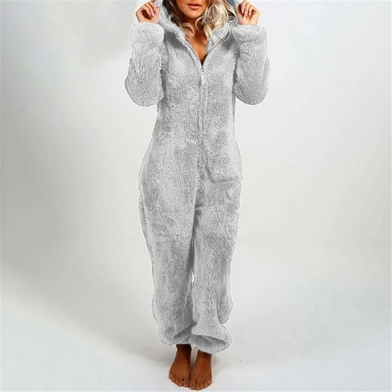 Onesie Pajamas for Women Winter Warm Furry Fleece Onesie Solid Color Long Sleeve Hooded Romper Jumpsuit Casual Bodysuit Plus Size