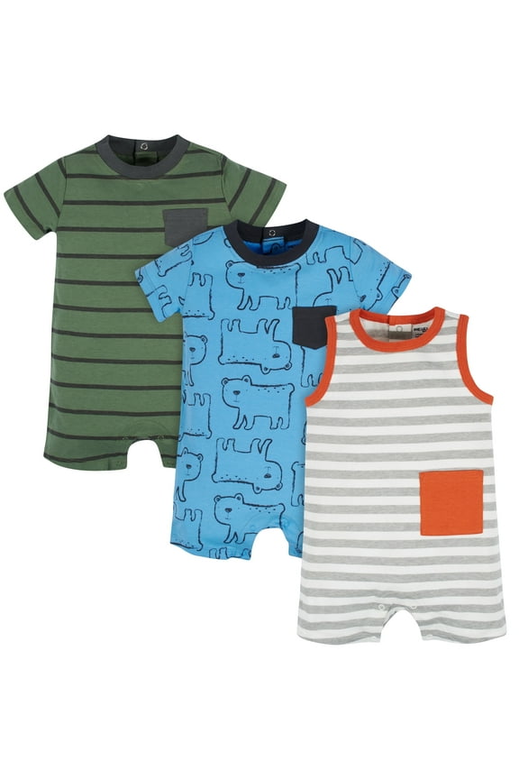 Brand Baby Boy Short Sleeve and Sleeveless Rompers, 3-Pack, Sizes 0/3 Months - 24 Months