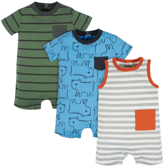 Onesies Brand Baby Boy Short Sleeve and Sleeveless Rompers, 3-Pack, Sizes 0/3 Months - 24 Months
