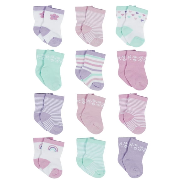 Onesies Brand Baby Girl Assorted Stay-on Jersey Crew Wiggle-Proof Socks, 12-Pack, Sizes 0/6M- 24M