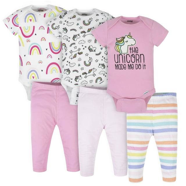 Onesies Brand Baby Girl Bodysuits & Pants, 6Piece Outfit Set, Sizes Newborn 12 Months