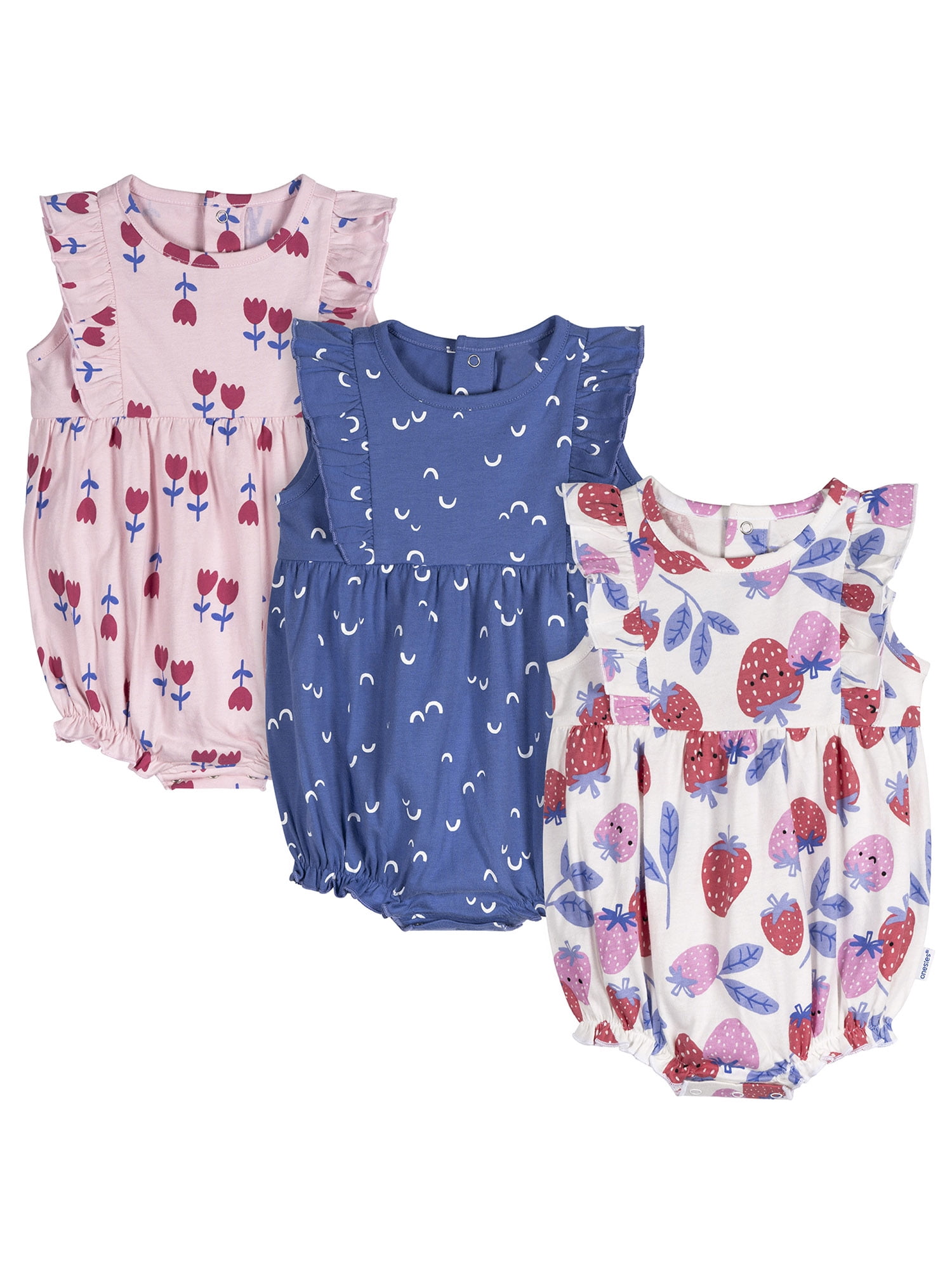 Onesies Brand Baby Girl Ruffle Sleeve Rompers, 3-Pack, Sizes, 0/3 Months - 24 Months