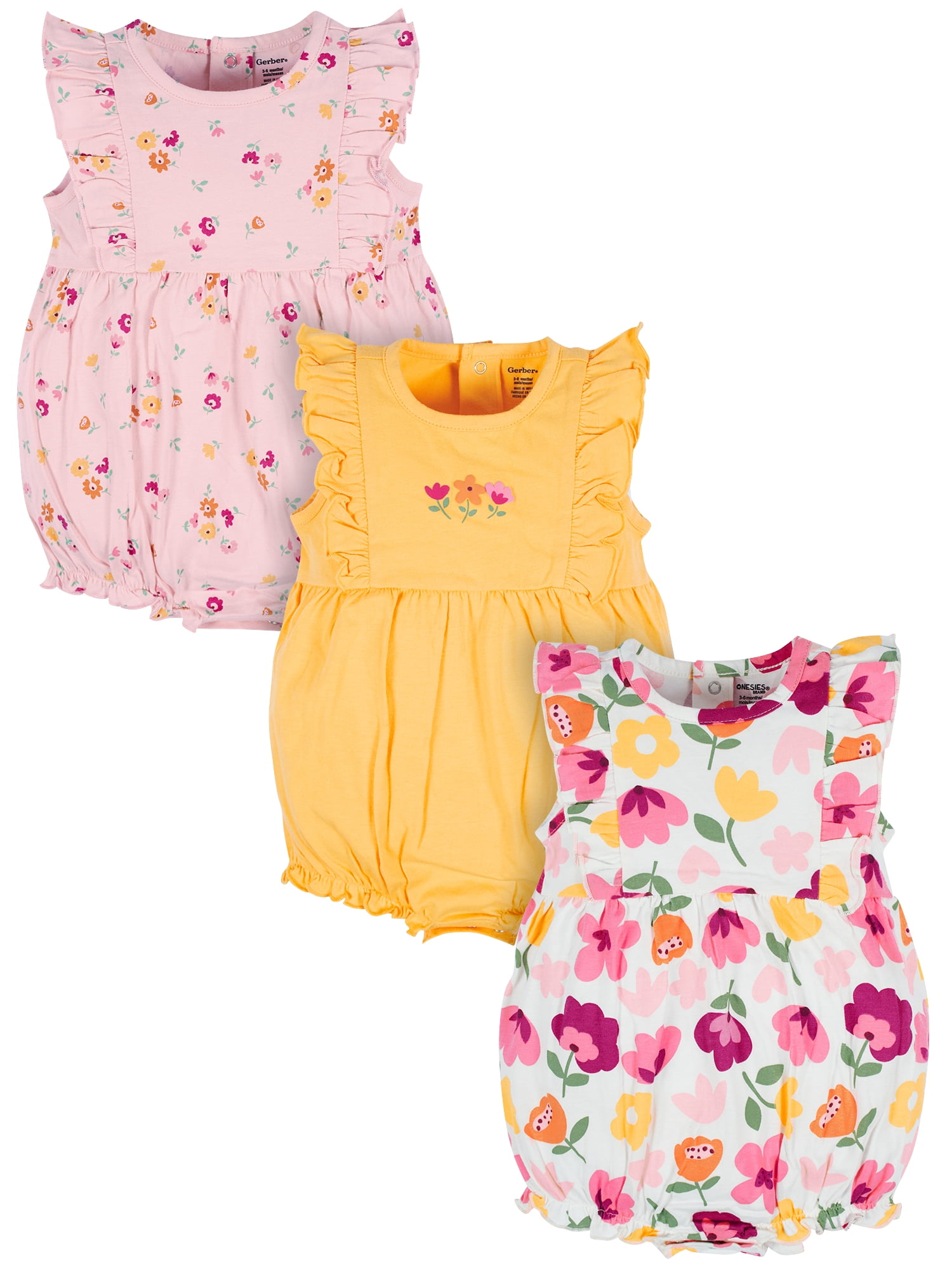 Onesies Brand Baby Girl Ruffle Sleeve Rompers, 3-Pack, Sizes, 0/3 Months - 24 Months