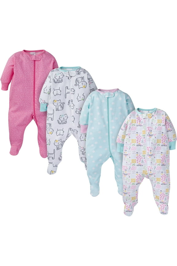 Brand Baby Girl Sleep 'n Play Footed Pajamas, 4-Pack, Sizes Newborn-6/9 Months